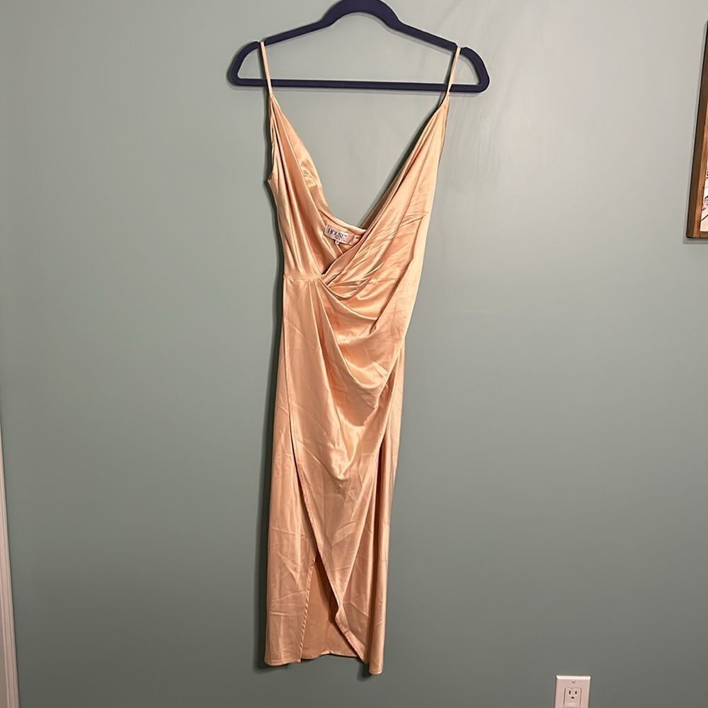 House of CB Coco Beige Nude Satin Drape Back Cowl Dress - Picture 2 of 8